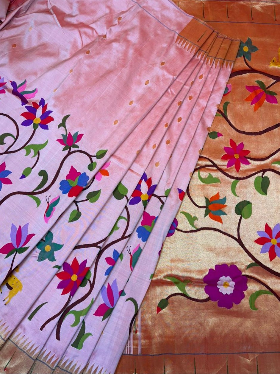 VMI Chosen Weave- Half allover High Quality Pure Silk Intricately Woven Handloom Paithani~ Pretty Peach - verymuchindian.com