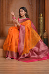 Festive Edit! Ganga Ghat ~ Handloom Pure Silk Kora Saree in Orange and Pink ( Silk Mark Certified )