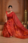 Festive Edit! Ganga Ghat ~ Handloom Pure Silk Kora Saree in Crimson Red with Floral Work (Silk Mark Certified)