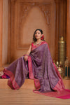 Festive Edit! Ganga Ghat ~ Handloom Pure Silk Brocade Crepe Saree with Contrast Pallu in Purple and Pink (Silk Mark Certified)