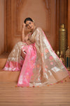 Festive Edit! Ganga Ghat ~ Handloom Pure Kora Silk  Saree in Champagne and Pink ( Silk Mark Certified )