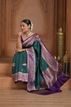 Festive Edit! Ganga Ghat ~ Handloom Pure Kora Silk Saree in Dark Green and Purple ( Silk Mark Certified )