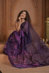 Festive Edit! Ganga Ghat ~ Handloom Pure Kora Silk Saree in Dark Plum with Floral Work (Silk Mark Certified)