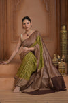 Festive Edit! Ganga Ghat ~ Handloom Pure Silk Chiffon Georgette Saree in Leaf Green and Brown (Silk Mark Certified)