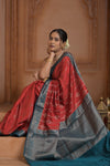 Festive Edit! Ganga Ghat ~ Handloom Pure Silk Chiniya Saree in Red and Ivory Blue ( Silk Mark Certified)