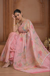 Festive Edit! Ganga Ghat ~ Handloom Linen Silk Saree with Intricate Floral Work in Blush Pink
