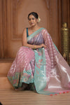 Festive Edit! Ganga Ghat ~ Handloom Pure Kora Silk Saree in Champagne Pink and Blue ( Silk Mark Certified )
