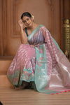 Festive Edit! Ganga Ghat ~ Handloom Pure Kora Silk Saree in Champagne Pink and Blue ( Silk Mark Certified )