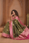Festive Edit! Ganga Ghat ~ Handloom Pure Silk Chiniya Saree in Olive Green and Pink ( Silk Mark Certified)