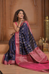 Festive Edit! Ganga Ghat ~ Handloom Pure Silk Chiniya Saree in Royal Blue and Pink ( Silk Mark Certified)