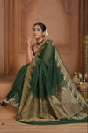 Festive Edit! Ganga Ghat ~ Handloom Pure Silk Chiffon Georgette Saree in Dark Green  (Silk Mark Certified)