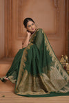 Festive Edit! Ganga Ghat ~ Handloom Pure Silk Chiffon Georgette Saree in Dark Green  (Silk Mark Certified)