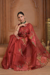Festive Edit! Ganga Ghat ~ Handloom Pure Kora Silk Saree in Coral Red with Floral Work ( Silk Mark Certified )