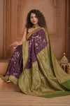 Festive Edit! Ganga Ghat ~ Handloom Pure Silk Chiffon Crepe Banarasi Saree in Dark Purple and Green ( Silk Mark Certified )