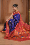 The Festive Edit! Virasat 2.0  ~ Handloom Pure Silk Maharani Paithani with Contrast Pallu in Royal Blue and Red
