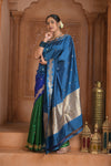 Festive Edit! Ganga Ghat ~ Handloom Pure Silk Katan Saree in Shades of Blue and Green (Silk Mark Certified )