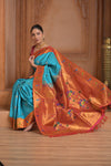 The Festive Edit! ~ Handloom Pure Silk Paithani with Peacock Parrot Border in Cyan Blue