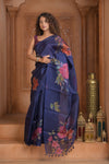 Festive Edit! Ganga Ghat ~ Handloom Pure Silk Kora Saree in Dark Blue with Floral Work ( Silk Mark Certified )