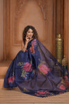 Festive Edit! Ganga Ghat ~ Handloom Pure Silk Kora Saree in Dark Blue with Floral Work ( Silk Mark Certified )