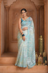 Festive Edit! Ganga Ghat ~ Handloom Linen Silk Saree with Intricate Floral Work in Salient Blue