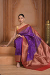 Festive Edit! Ganga Ghat ~ Handloom Pure Kora Silk Saree in Berry Purple and Red ( Silk Mark Certified )
