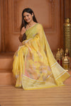 Festive Edit! Ganga Ghat ~ Handloom Linen Silk Saree with Intricate Floral Work in Butter Yellow
