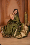 Festive Edit! Ganga Ghat ~ Handloom Pure Silk Katan Saree in Olive Green ( Silk Mark Certified )