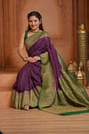 Festive Edit! Ganga Ghat ~ Handloom Pure Silk Chiffon Georgette Saree in Plum and Green ( Silk Mark Certified)