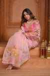 Festive Edit! Ganga Ghat ~ Handloom Pure Kora Silk Saree in Fresh Pink with Floral Work ( Silk Mark Certified )