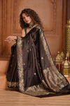Festive Edit! Ganga Ghat ~ Handloom Pure Silk Satin Saree in Dark Brown ( Silk Mark Certified)