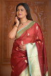 Festive Edit! Ganga Ghat ~ Handloom Pure Kora Silk Saree in Dark Red and Green (Silk Mark Certified )