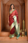 Festive Edit! Ganga Ghat ~ Handloom Pure Kora Silk Saree in Dark Red and Green (Silk Mark Certified )