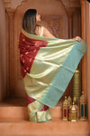 Festive Edit! Ganga Ghat ~ Handloom Pure Kora Silk Saree in Dark Red and Green (Silk Mark Certified )