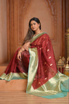 Festive Edit! Ganga Ghat ~ Handloom Pure Kora Silk Saree in Dark Red and Green (Silk Mark Certified )