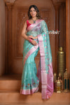 Festive Edit! Ganga Ghat ~ Handloom Kota Silk Jaal Saree with Contrast Pallu in Sky Blue in Pink