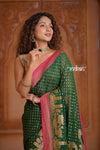 Festive Edit! Ganga Ghat ~ Handloom Pure Silk Chiffon Georgette Saree in Royal Green and Pink ( Silk Mark Certified)