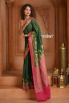 Festive Edit! Ganga Ghat ~ Handloom Pure Silk Chiffon Georgette Saree in Royal Green and Pink ( Silk Mark Certified)