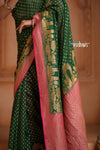 Festive Edit! Ganga Ghat ~ Handloom Pure Silk Chiffon Georgette Saree in Royal Green and Pink ( Silk Mark Certified)