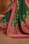 Festive Edit! Ganga Ghat ~ Handloom Pure Silk Chiffon Georgette Saree in Royal Green and Pink ( Silk Mark Certified)