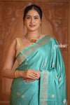 Festive Edit! Ganga Ghat ~ Handloom Pure Silk Satin Saree in Sea Blue ( Silk Mark Certified)