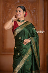 Festive Edit! Ganga Ghat ~ Handloom Pure Silk Satin Saree in Dark Green ( Silk Mark Certified)