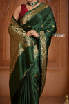 Festive Edit! Ganga Ghat ~ Handloom Pure Silk Satin Saree in Dark Green ( Silk Mark Certified)
