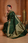 Festive Edit! Ganga Ghat ~ Handloom Pure Silk Satin Saree in Dark Green ( Silk Mark Certified)