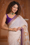 Festive Edit! Ganga Ghat ~ Handloom Pure Silk Chiffon Georgette Saree in Pearl White and Purple ( Silk Mark Certified)