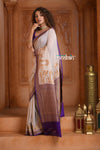 Festive Edit! Ganga Ghat ~ Handloom Pure Silk Chiffon Georgette Saree in Pearl White and Purple ( Silk Mark Certified)