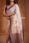 Festive Edit! Ganga Ghat ~ Handloom Pure Silk Chiffon Georgette Saree in Pearl White and Purple ( Silk Mark Certified)