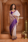 Festive Edit! Ganga Ghat ~ Handloom Pure Silk Chiffon Georgette Saree in Pearl White and Purple ( Silk Mark Certified)