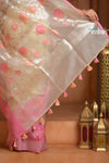 Festive Edit! Ganga Ghat ~ Handloom Pure Kora Silk  Saree in Champagne and Pink ( Silk Mark Certified )