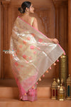 Festive Edit! Ganga Ghat ~ Handloom Pure Kora Silk  Saree in Champagne and Pink ( Silk Mark Certified )