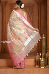 Festive Edit! Ganga Ghat ~ Handloom Pure Kora Silk  Saree in Champagne and Pink ( Silk Mark Certified )